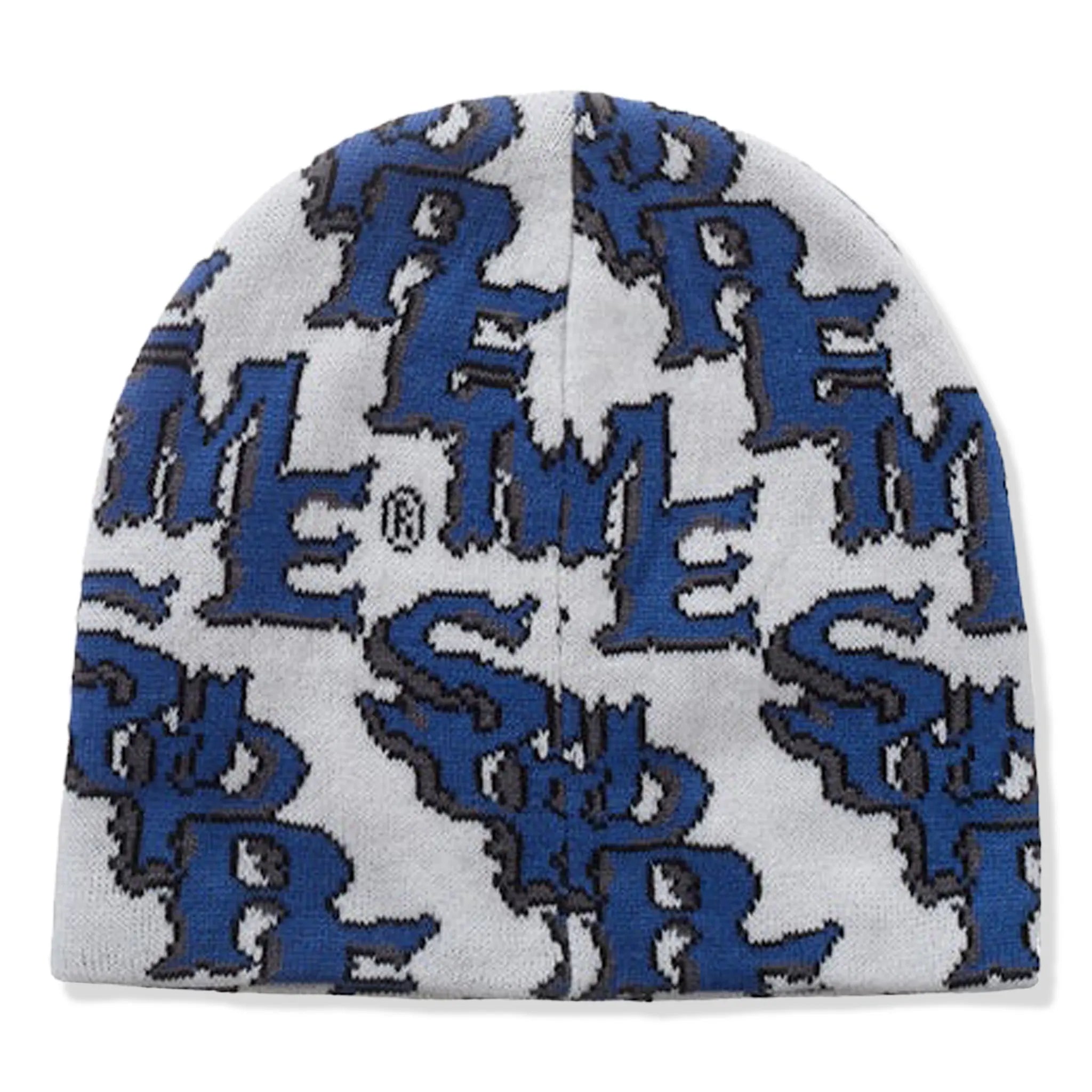 Back View of Supreme Slanted Gothic Outline White Blue Beanie (SS26)